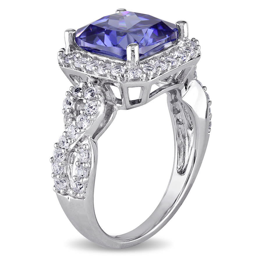 Shop Amour 6 3/4 Ct Tgw Cushion Cut Simulated Tanzanite And Created White Sapphire Halo Ring In Sterling