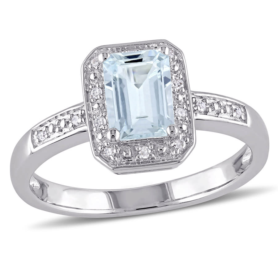 Sterling Silver 0.06 CT Diamond TW And 1 CT TGW Aquamarine Cocktail Ring