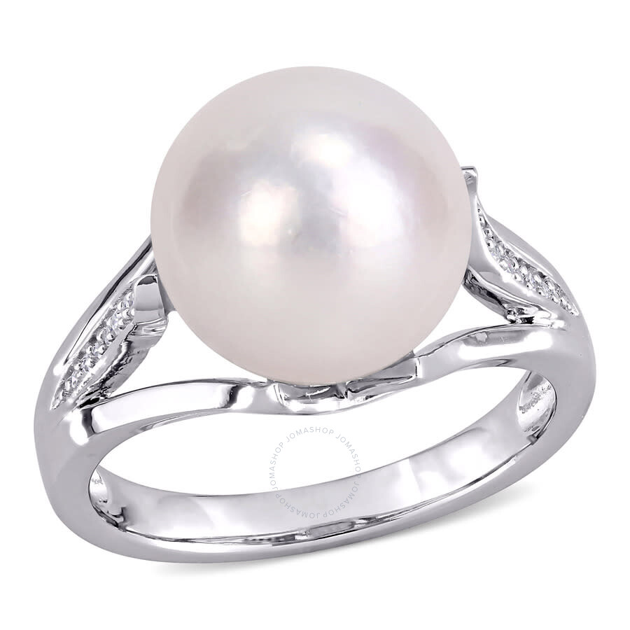 Shop Amour 11-12mm Cultured Freshwater Pearl And Diamond-accent Split Shank Ring In Sterling Silver In White