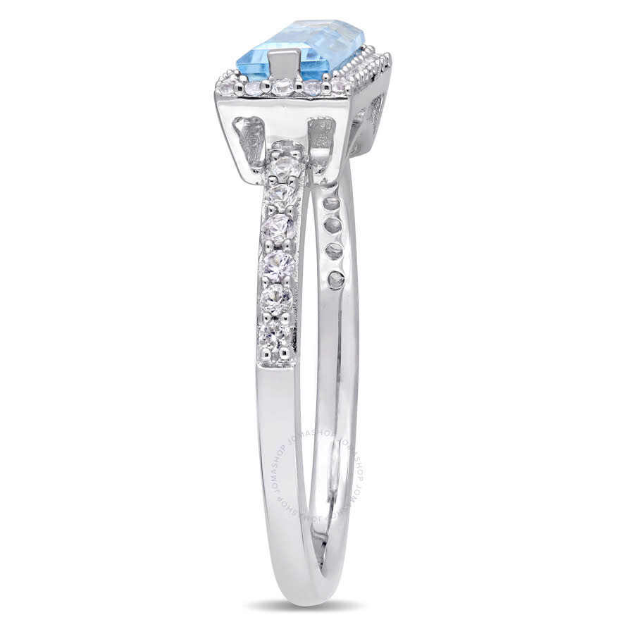 Amour Baguette-cut Blue Topaz And White Sapphire Halo Ring In Sterling Silver In White