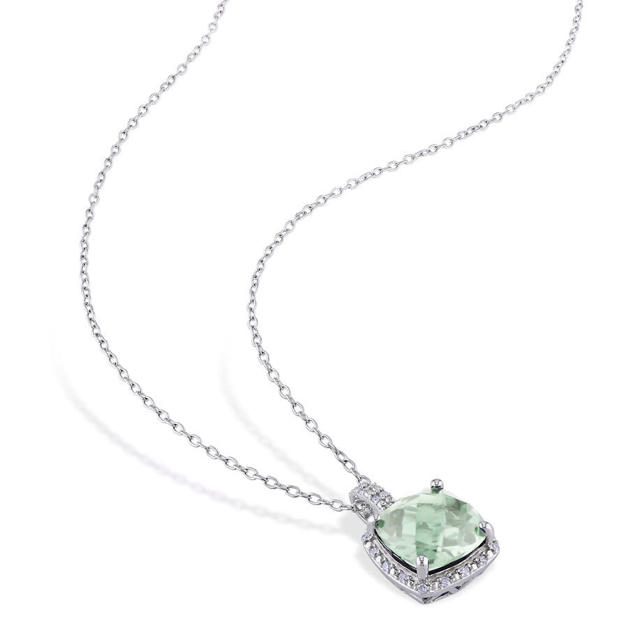 Amour 4ct Tgw Green Quartz Cushion Cut And 1/10ct Tdw Diamond Halo Pendant With Chain In Sterling Si In White