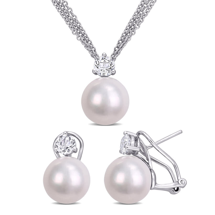 Amour 11-12mm Cultured Freshwater Pearl And 1 3/4 Ct Tgw White Topaz Omega Clip Earrings And Pendant In White