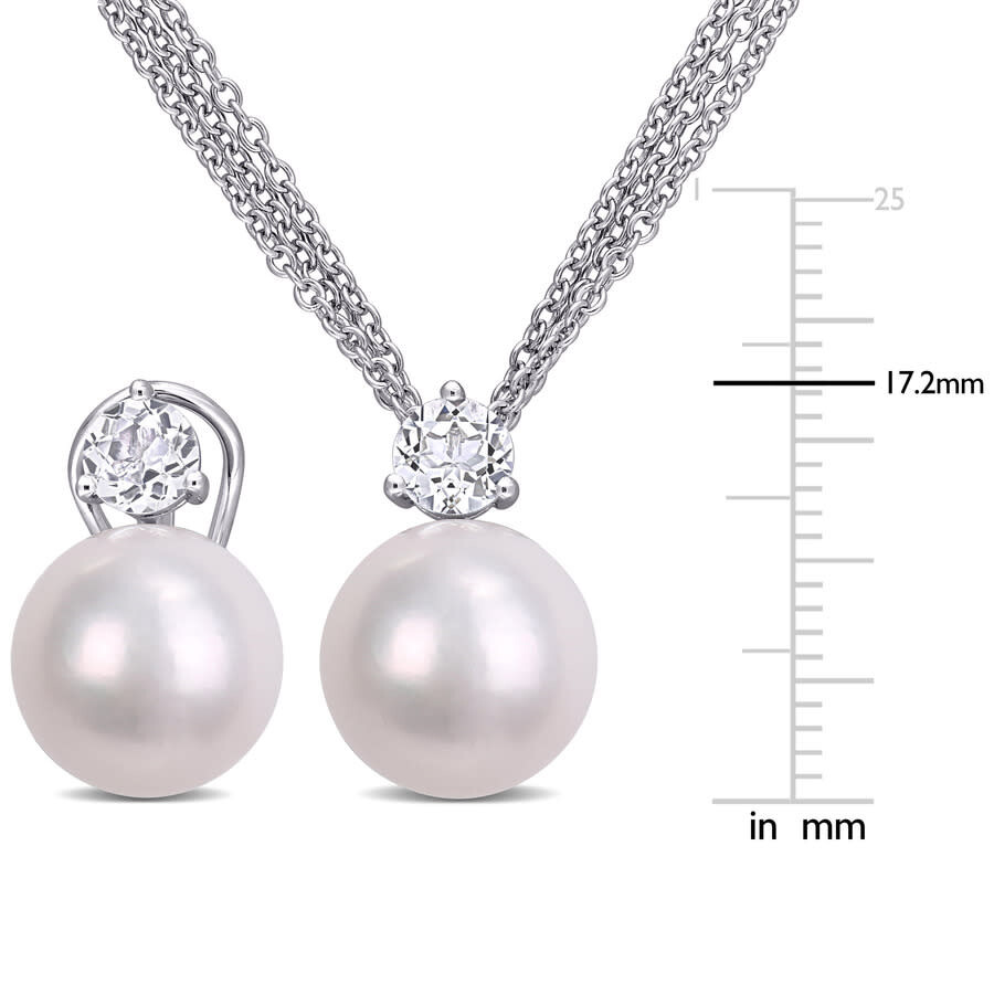 Amour 11-12mm Cultured Freshwater Pearl And 1 3/4 Ct Tgw White Topaz Omega Clip Earrings And Pendant In White