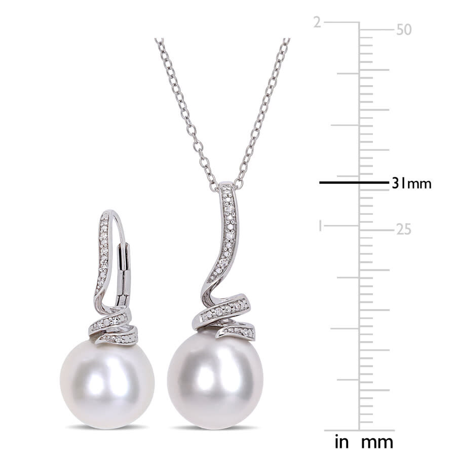 Amour 11-12mm Cultured Freshwater Pearl And 1/10 Ct Tw Diamond Spiral Earrings And Pendant Set In St In White