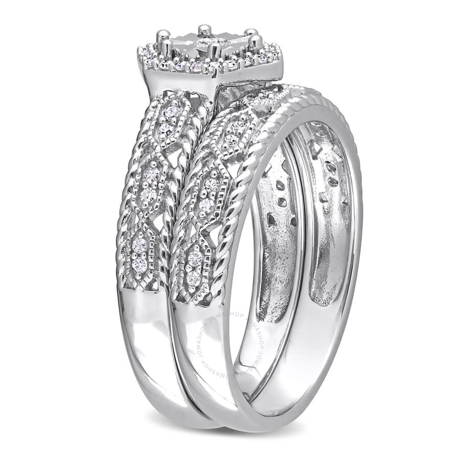 Amour 1/4 Ct Tw Diamond Hexagon Halo Bridal Ring Set In Sterling Silver In White