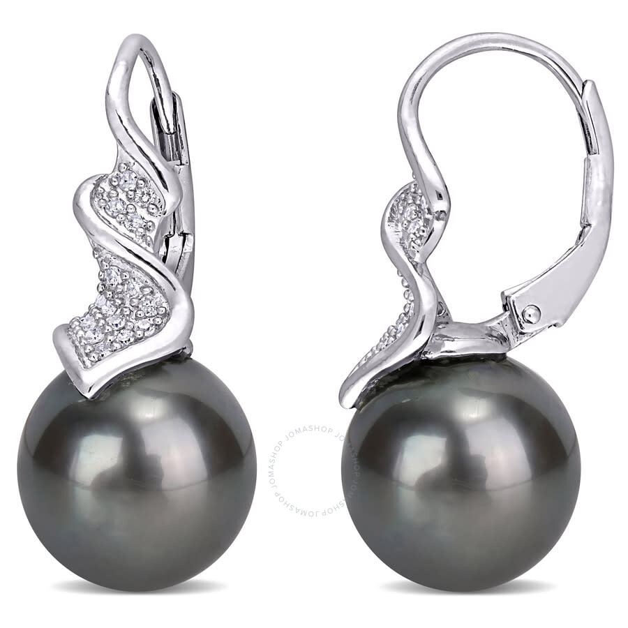 Shop Amour 9-9.5mm Black Tahitian Cultured Pearl And 1/6 Ct Tw Diamond Leverback Earrings In Sterling Sil