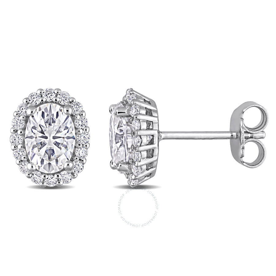 Shop Amour 2 1/3 Ct Dew Created Moissanite Oval Halo Stud Earrings In Sterling Silver In White