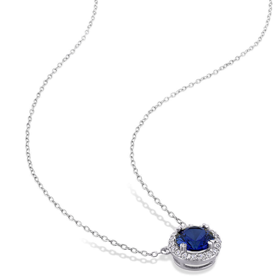 Amour 2 3/4 Ct Tgw Created Blue Sapphire Created White Sapphire Circular Pendant With Chain In Sterl In White