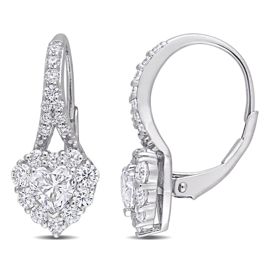 Amour 2 Ct Dew Created Moissanite Heart Halo Leverback Earrings In Sterling Silver In White