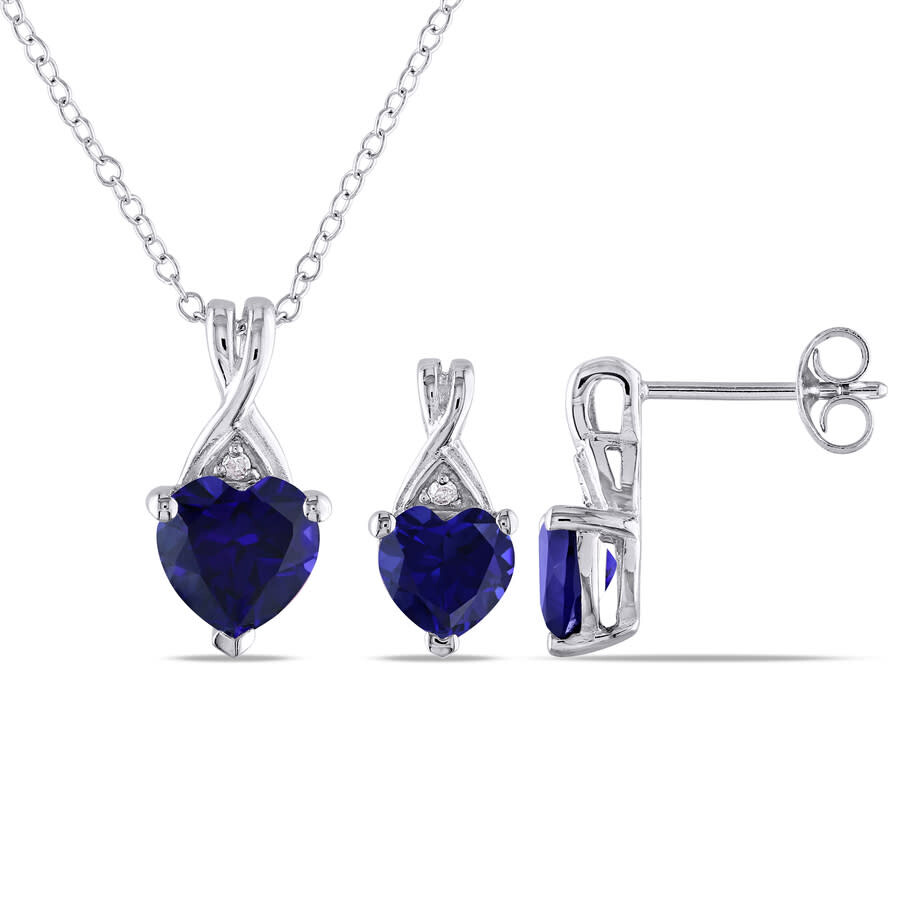 Shop Amour 2-pc Set Of 3 3/4 Ct Tgw Created Blue Sapphire And Diamond Heart Pendant With Chain And Stud E In White