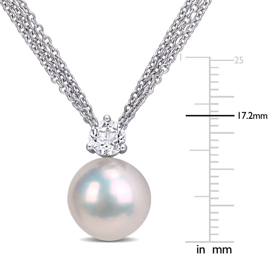 Amour 11-12mm Cultured Freshwater Pearl And 5/8 Ct Tgw White Topaz Pendant With Chain In Sterling Si In White