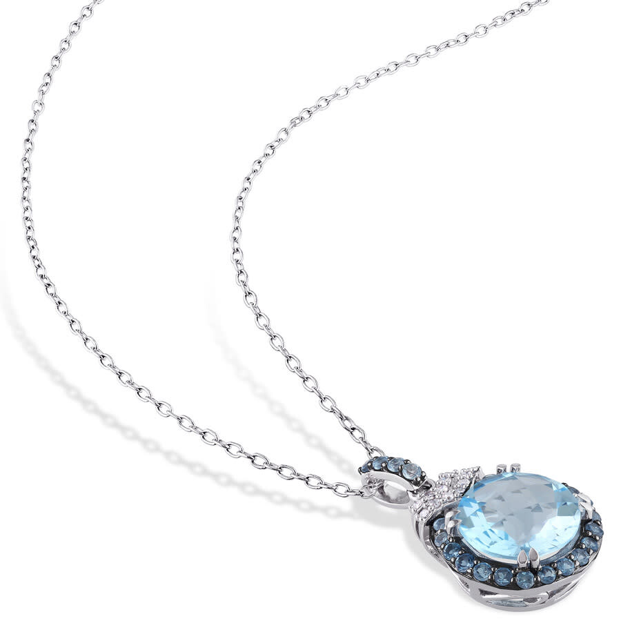 Amour 4 3/4 Ct Tgw Sky And London Blue Topaz And Diamond Halo Pendant With Chain In Sterling Silver In White