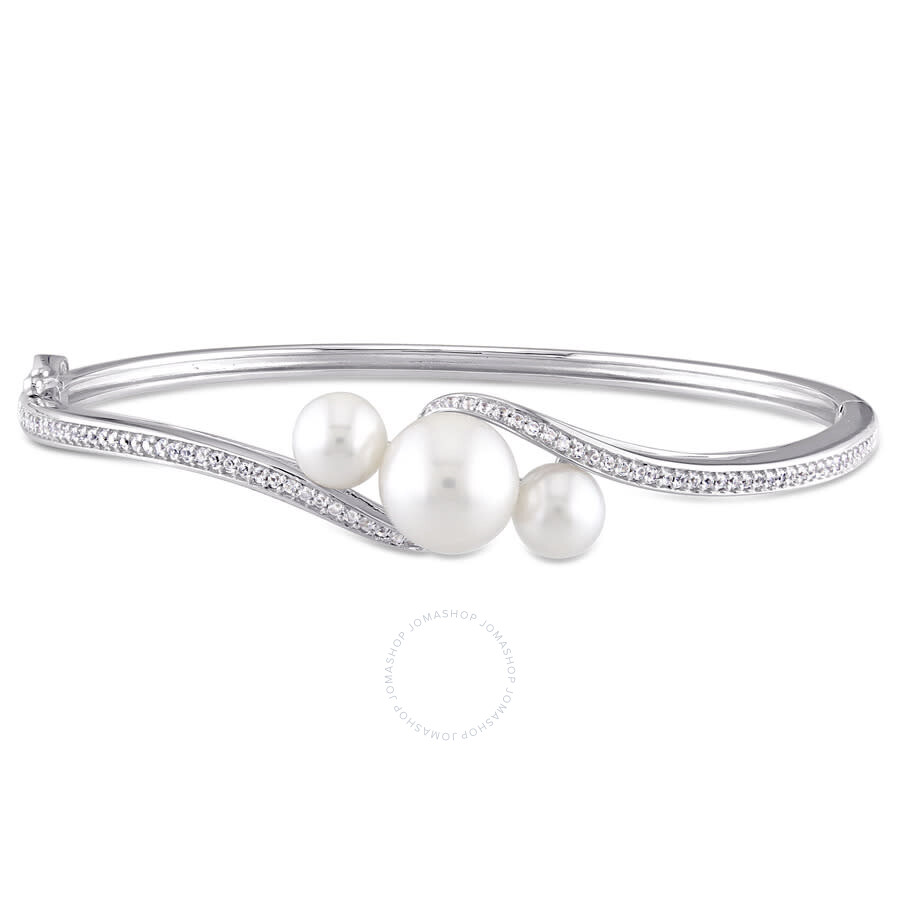 Amour Cultured Freshwater Pearl And Created White Sapphire Bangle In Sterling Silver In White