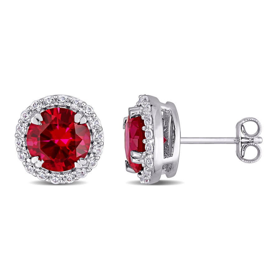 Amour 5 1/2 Ct Tgw Created Ruby Created White Sapphire Circular Halo Stud Earrings In Sterling Silve In White