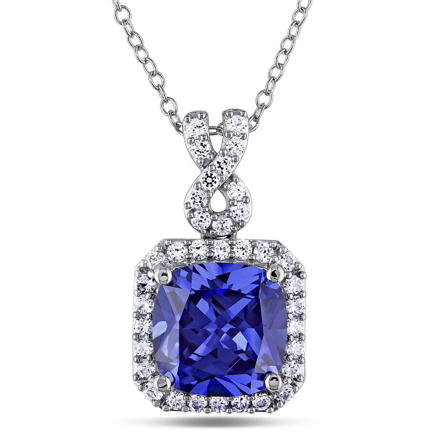 Amour 6 2/5 Ct Tgw Cushion Cut Simulated Tanzanite And Created White Sapphire Halo Pendant With Chai In White