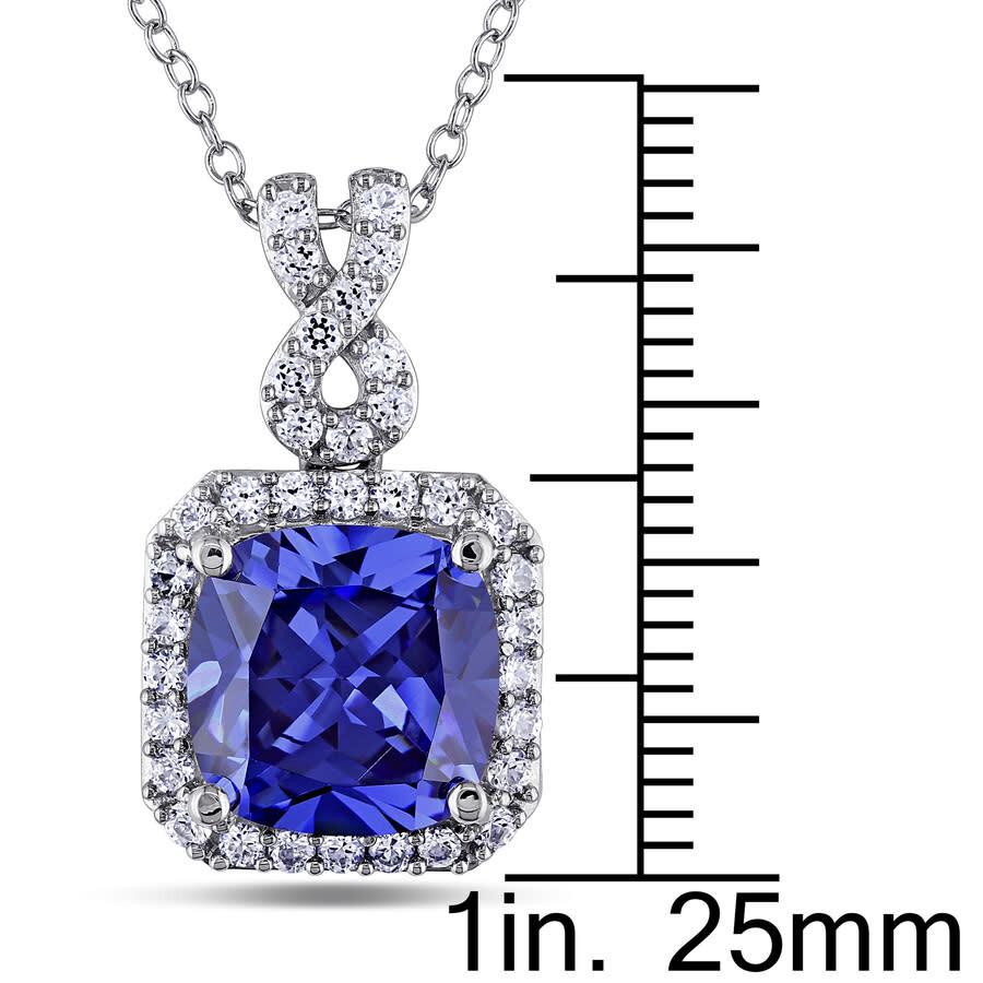 Amour 6 2/5 Ct Tgw Cushion Cut Simulated Tanzanite And Created White Sapphire Halo Pendant With Chai In White