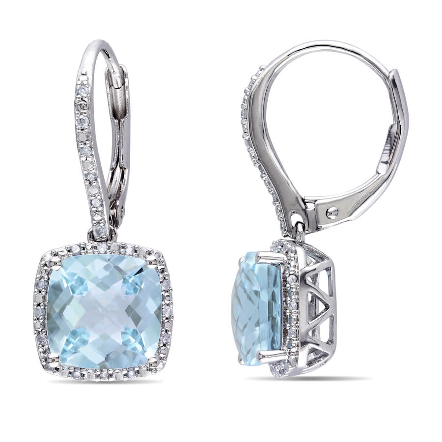 Shop Amour 8 1/2 Ct Tgw Blue Topaz And 1/5 Ct Tw Diamond Leverback Halo Earrings In Sterling Silver In White