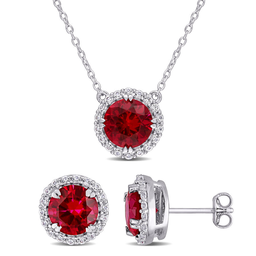 Amour 8 1/3 Ct Tgw Created Ruby And Created White Sapphire Halo Earring & Pendant Set In Sterling Si In White