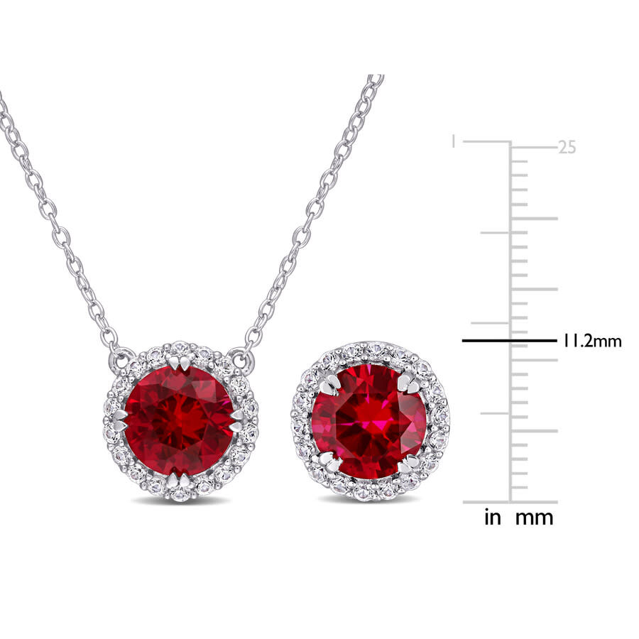 Amour 8 1/3 Ct Tgw Created Ruby And Created White Sapphire Halo Earring & Pendant Set In Sterling Si In White