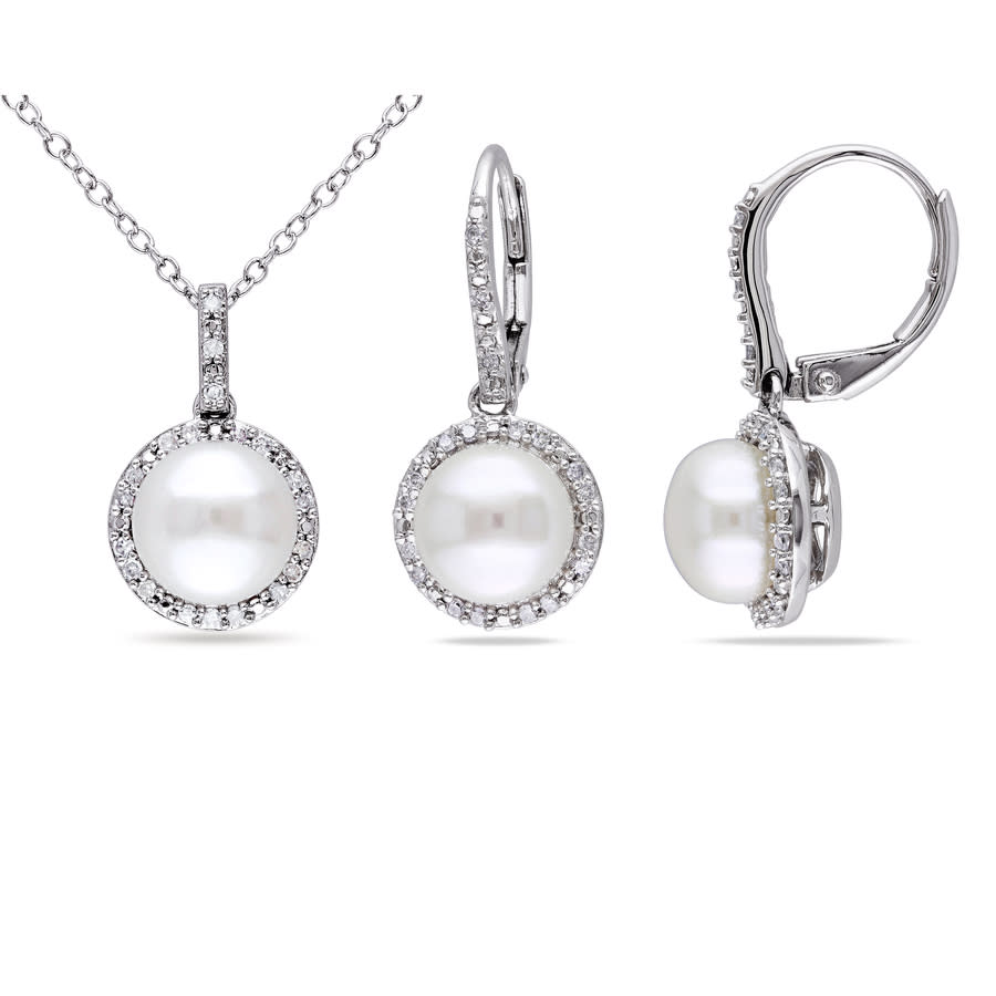 Amour Sterling Silver Tahitian Pearl & Diamond Stud Earrings – 8-8.5mm Pearl, 1/8 CT TW Diamonds