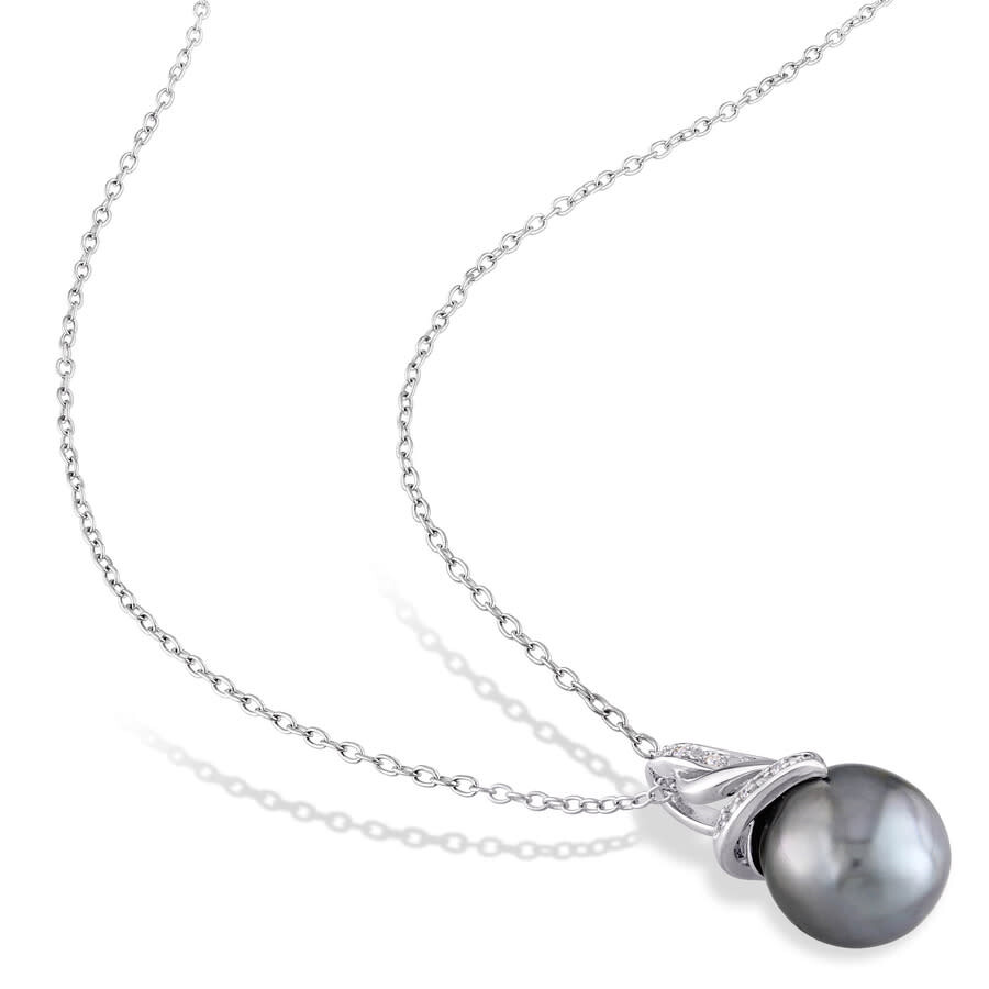 Amour 2 Pc Set Of 9 - 9.5 Mm Black Tahitian Pearl And 1/10 Ct Tw Diamond Vintage Drop Pendant And Ch In White