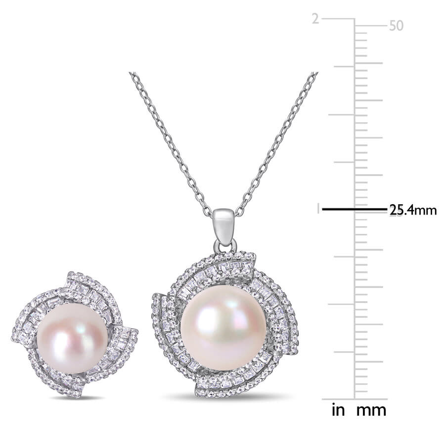 Amour 9.5-12.5 Mm Cultured Freshwater Pearl 3 3/4 Cubic Zirconia Geometric Halo Necklace And Stud Ea In White