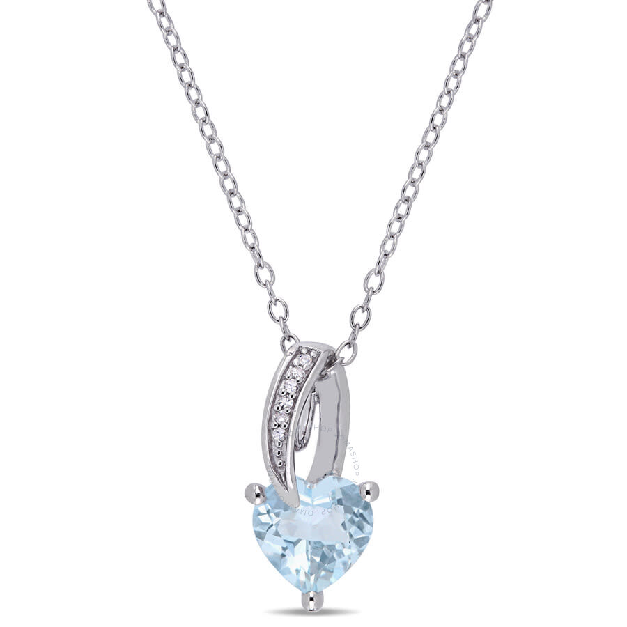 Amour Aquamarine Heart And Diamond Drop Pendant With Chain In Sterling Silver In White