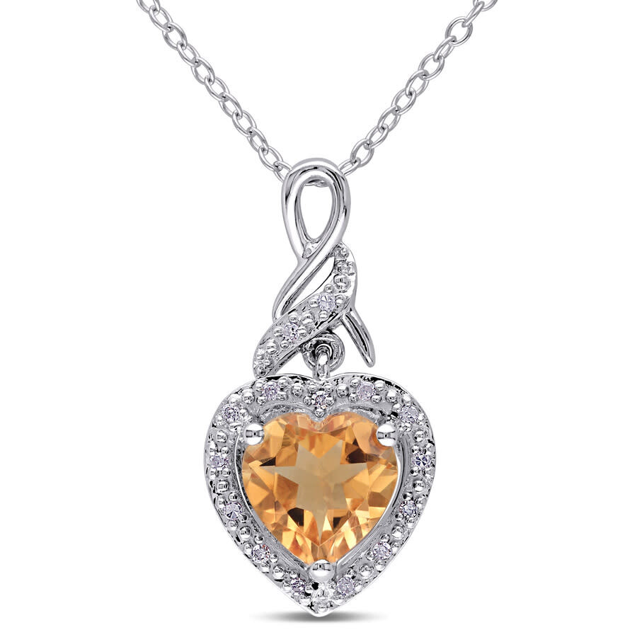 Amour Diamond And Citrine Heart Twist Pendant With Chain In Sterling Silver In White