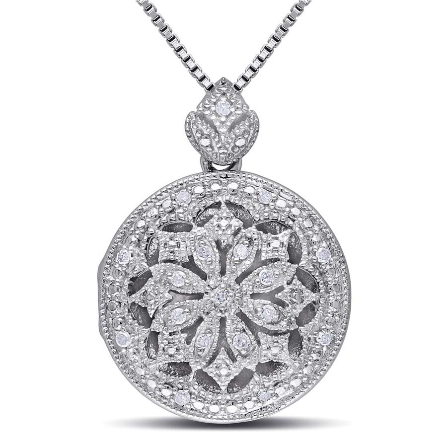 Amour 1/10 Ct Tw Diamond Floral Vintage Locket Pendant With Chain In Sterling Silver In Silver