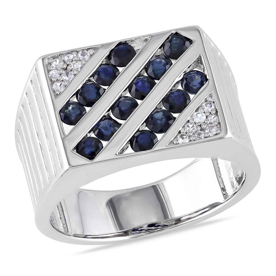 Shop Amour Men's White And Blue Sapphire Square Statement Ring In Sterling Silver In Blue / Silver / White