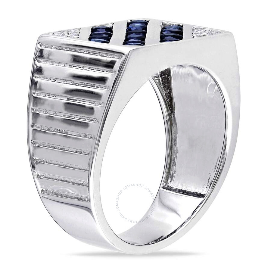 Amour Men's White And Blue Sapphire Square Statement Ring In Sterling Silver In Blue / Silver / White