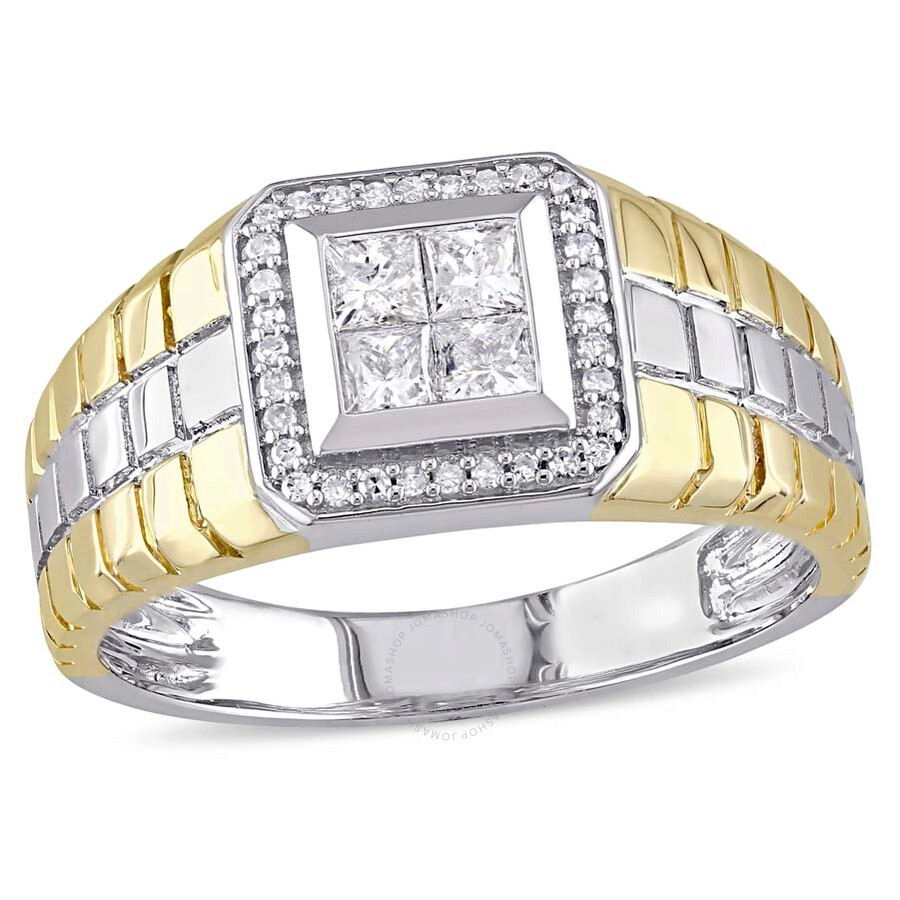 Shop Amour 1/2 Ct Tw Princess Cut Quad And Round Diamond Men's Ring In 2-tone Yellow And White 10k Gold In Gold / White / Yellow