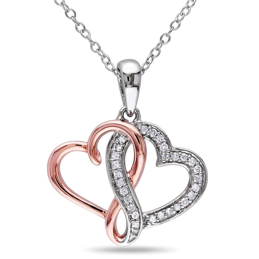 Amour 1/7 Ct Tw Diamond Interlocking Heart Pendant With Chain In 2-tone Pink And White Sterling Silv In Two Tone / Pink / Silver / Spring / White