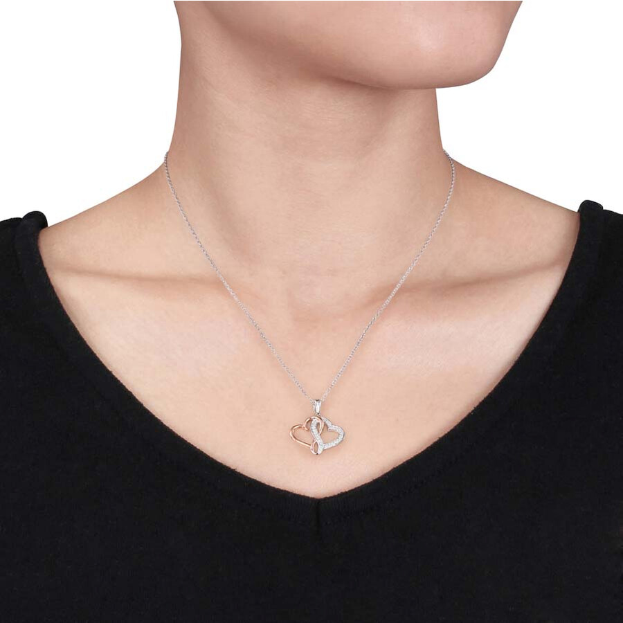 Amour 1/7 Ct Tw Diamond Interlocking Heart Pendant With Chain In 2-tone Pink And White Sterling Silv In Two Tone / Pink / Silver / Spring / White