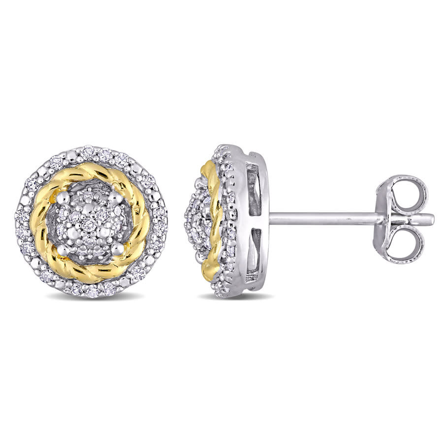 Amour 1/4 Ct Tw Diamond Rope Design Halo Stud Earrings In White And Yellow Plated Sterling Silver In Multi-color