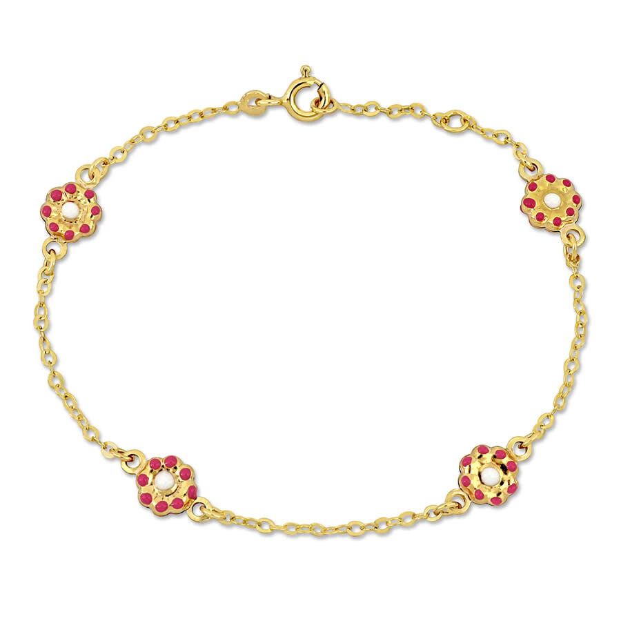 Amour White Enamel Rolo Chain Link Station Bracelet In 14k Yellow Gold - 6.5+0.5 In. In Yellow