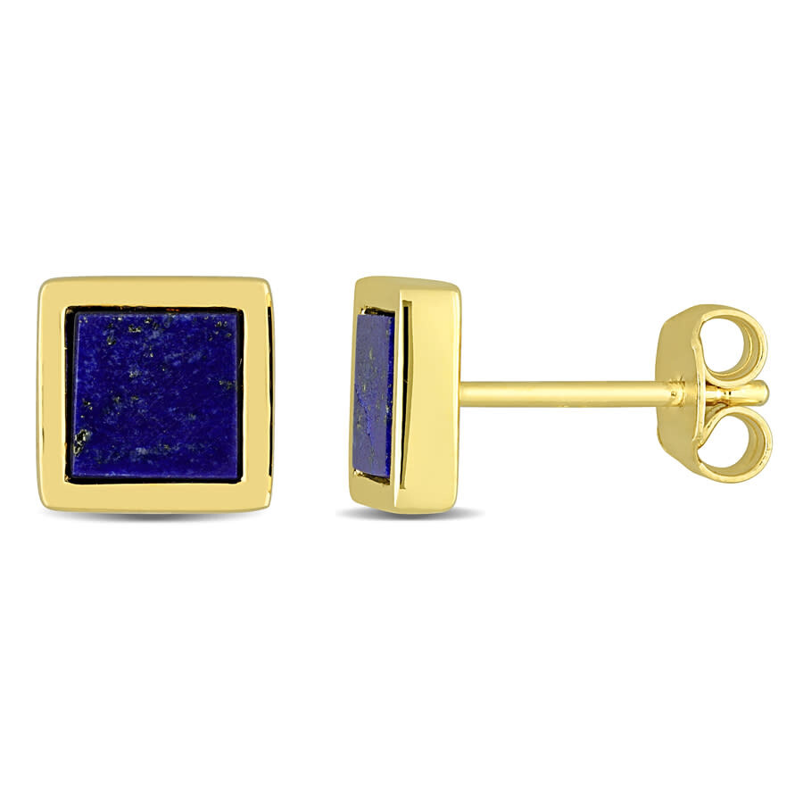 Shop Amour 1 Ct Tgw Lapis Square Stud Earrings In Yellow Plated Sterling Silver