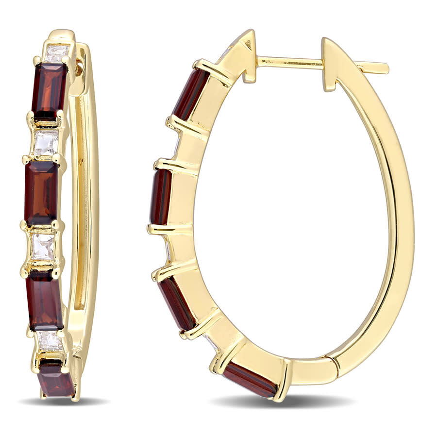 Amour 3 Ct Tgw Baguette Garnet & White Topaz Hoop Earring In Yellow Plated Sterling Silver In Yellow