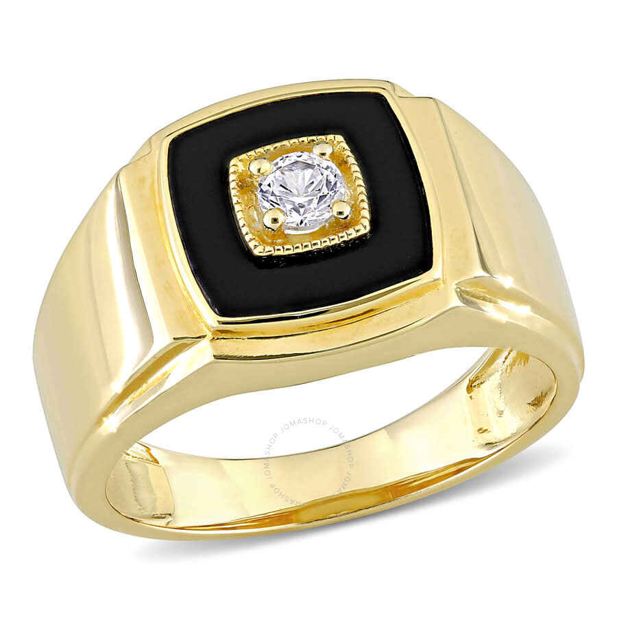 Shop Amour 2 1/2 Ct Tgw Black Onyx And Created White Sapphire Square Men's Ring In Yellow Plated Sterling