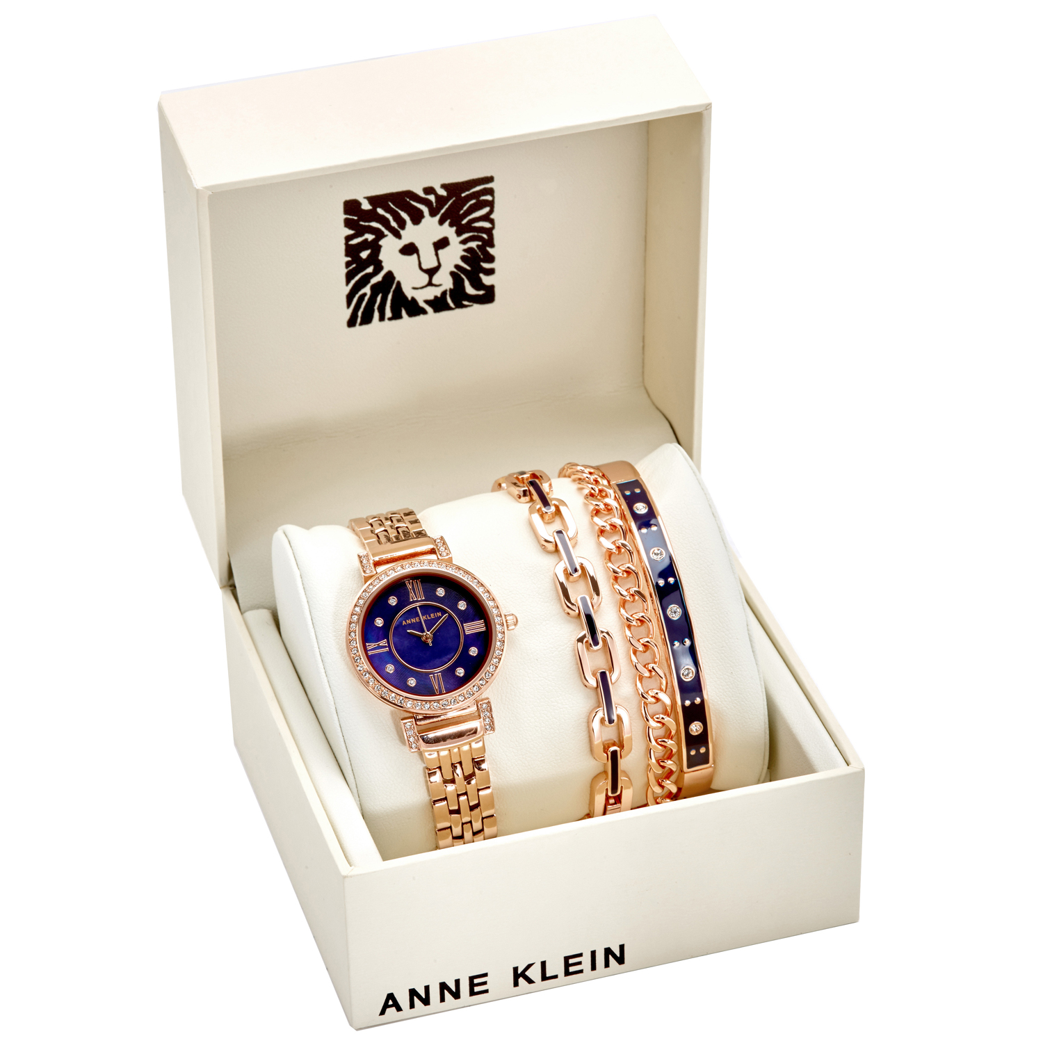 Anne Klein Navy Mother of Pearl Crystal Dial Ladies Watch and Bracelet ...