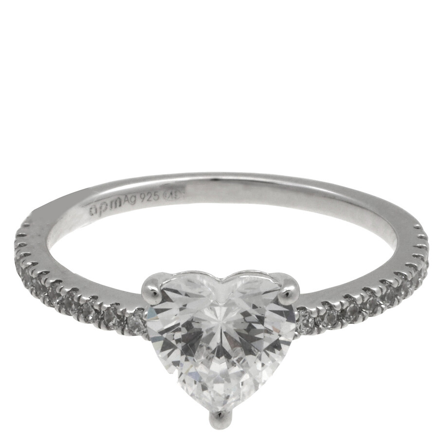 Apm Monaco Heart Pave Sterling Silver Ring In Silver Tone