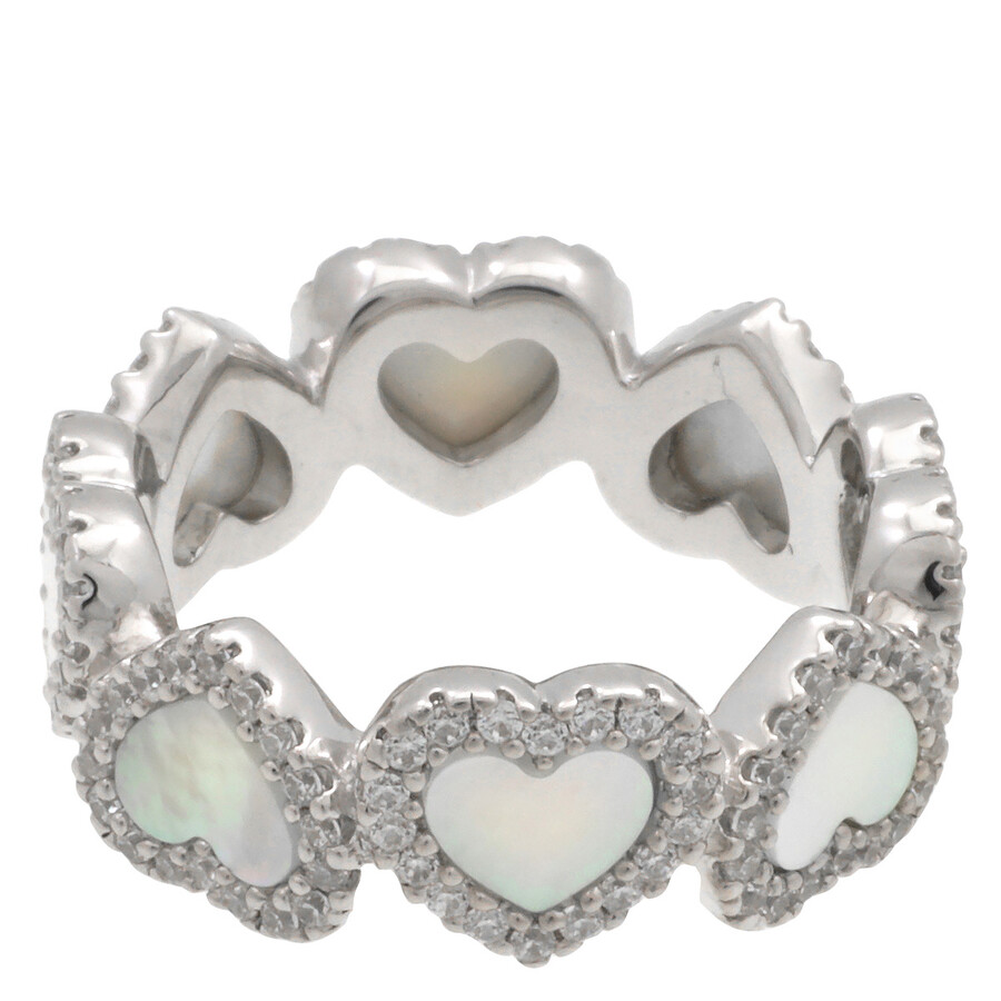 Apm Monaco Sterling Silver Nacre Full Heart Paved Ring In Silver Tone