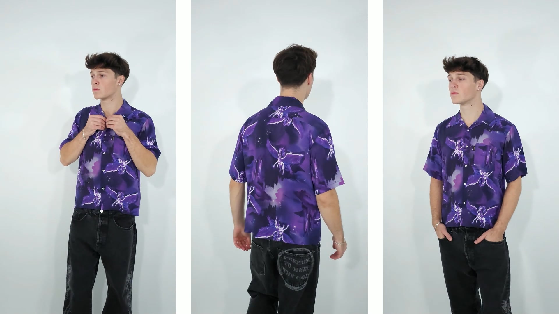 Aries Men's Purple Pegasus Hawaiian Shirt, Size Small AR4010402