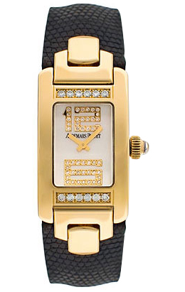 Promesse Diamond Yellow Gold Black Leather Ladies Watch