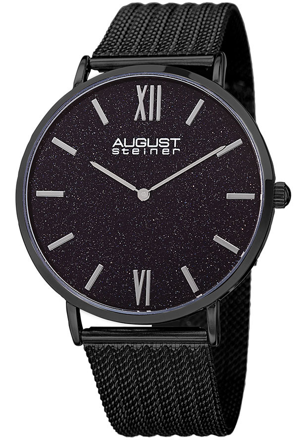 August Steiner Black Sandstone Dial Black Leather Men's Watch AS8218BK