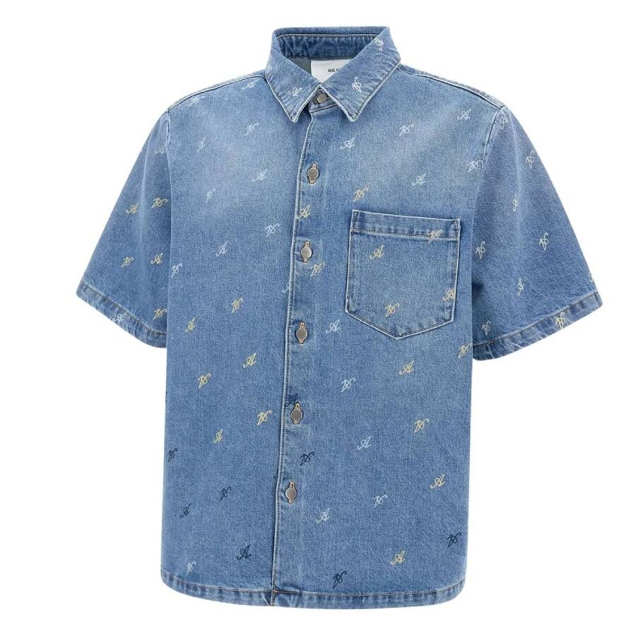 Axel Arigato Miles Logo Print Cotton Denim Shirt In Blue