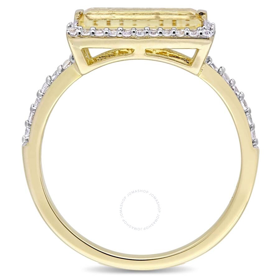 Shop Amour Baguette Cut Citrine And White Sapphire Halo Ring In Yellow Plated Sterling Silver