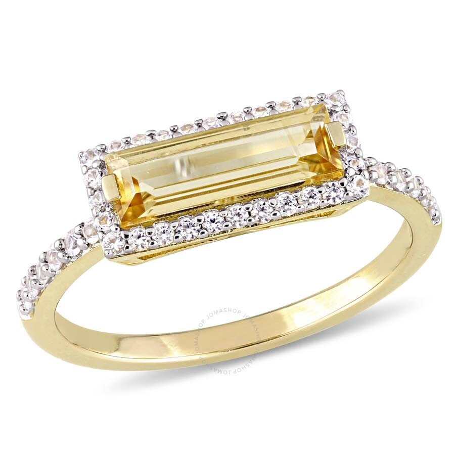 Amour Baguette Cut Citrine And White Sapphire Halo Ring In Yellow Plated Sterling Silver In Yellow