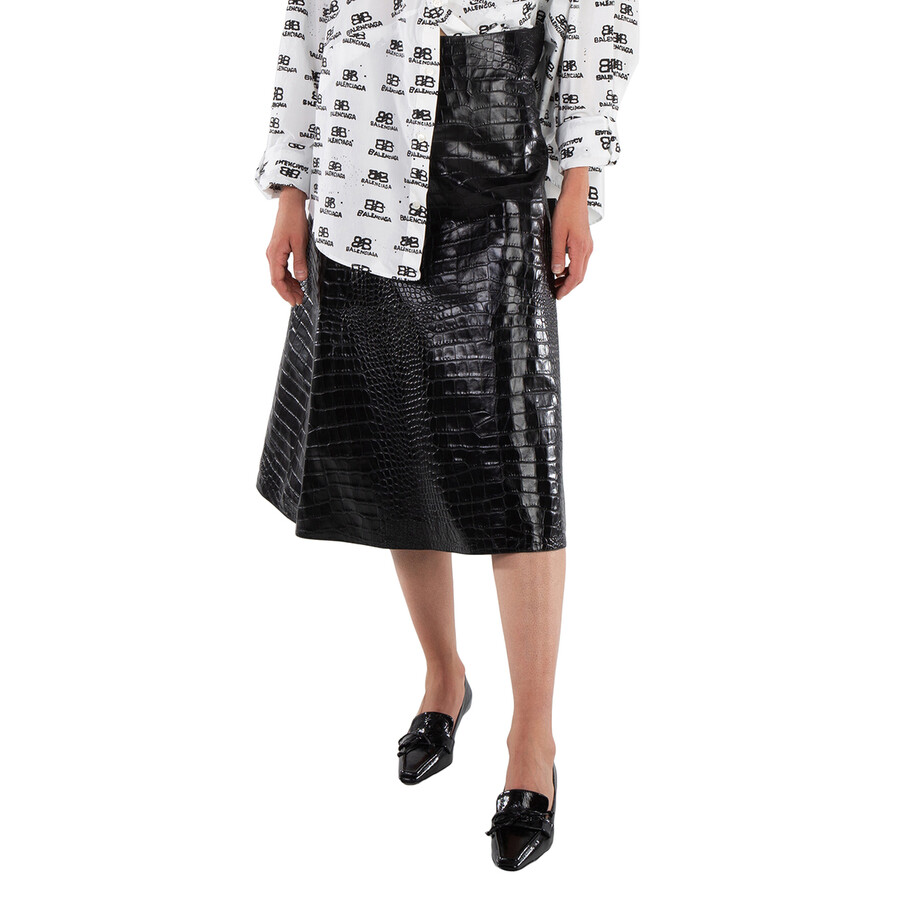 Balenciaga Ladies Black Crocodile-Effect A-Line Skirt, Brand