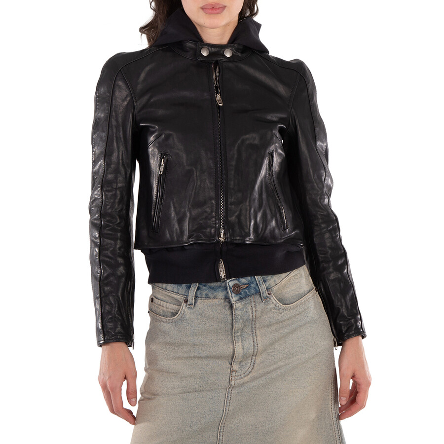 Balenciaga Ladies Black Layered-Detail Racer Leather Jacket